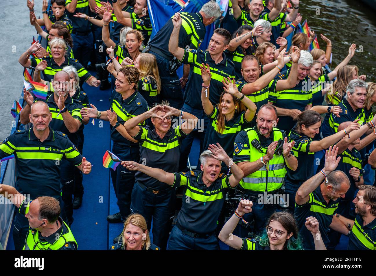 Police Cheering Amsterdam, Netherlands. 05th Aug, 2023. A view of one of the boats that ...
