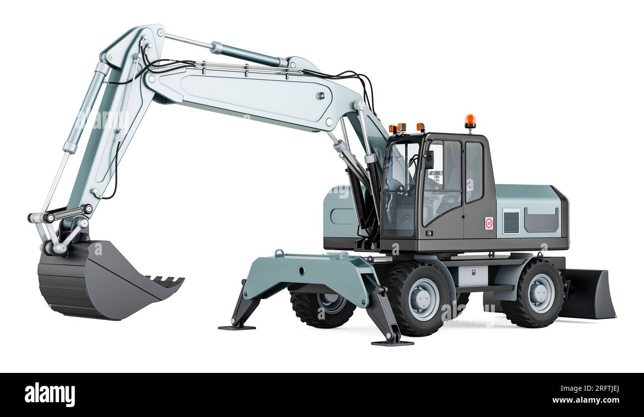 Excavator closeup, 3D rendering isolated on white background Stock Photo