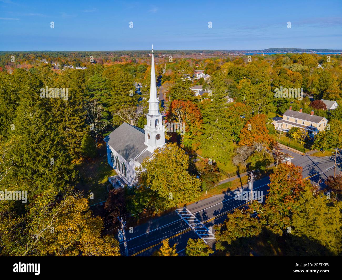 First Unitarian Church with fall foliage aerial view at 223 Main Street ...