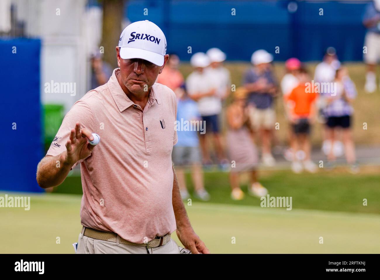 August 5, 2023 Lucas Glover waves to the crowd after a birdie on seventeen during the third day of the 2023 Wyndham Championship at Sedgefield Country Club in Greensboro, NC