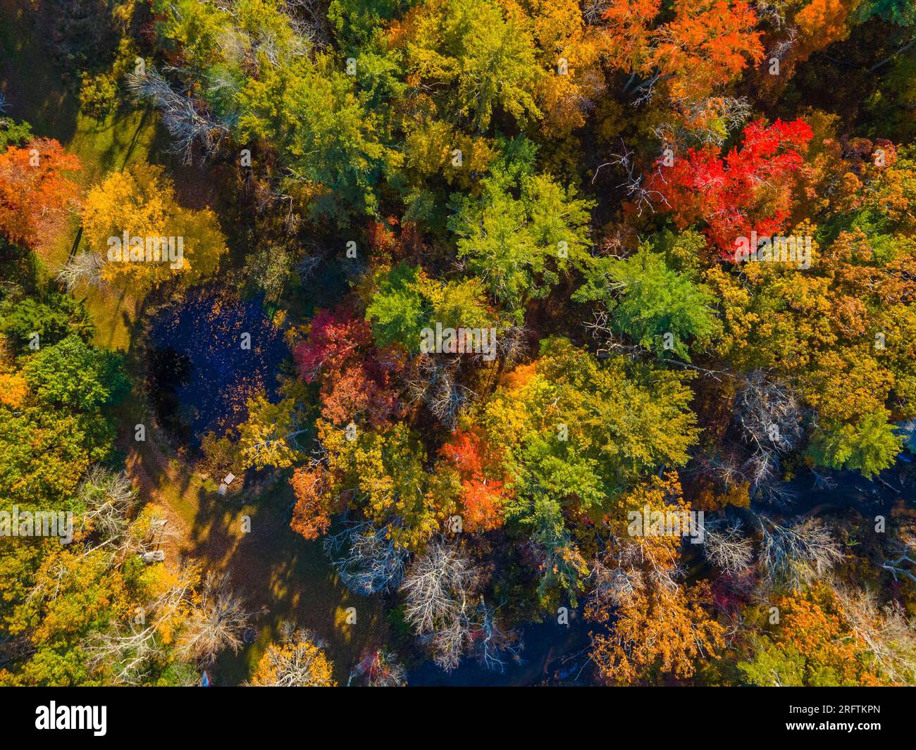 Furnace Brook top view with fall foliage in town of Kingston, Massachusetts MA, USA. Stock Photo