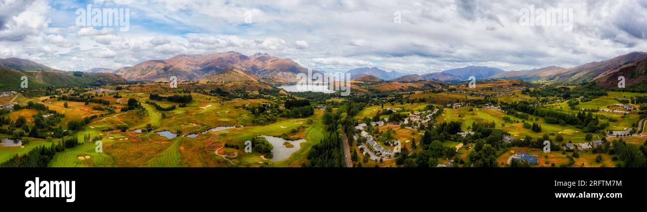 HIstoric arrowtown town in scenic vale of New Zealand South Island at Lake Hayes near QUeenstown- aerial panorama. Stock Photo