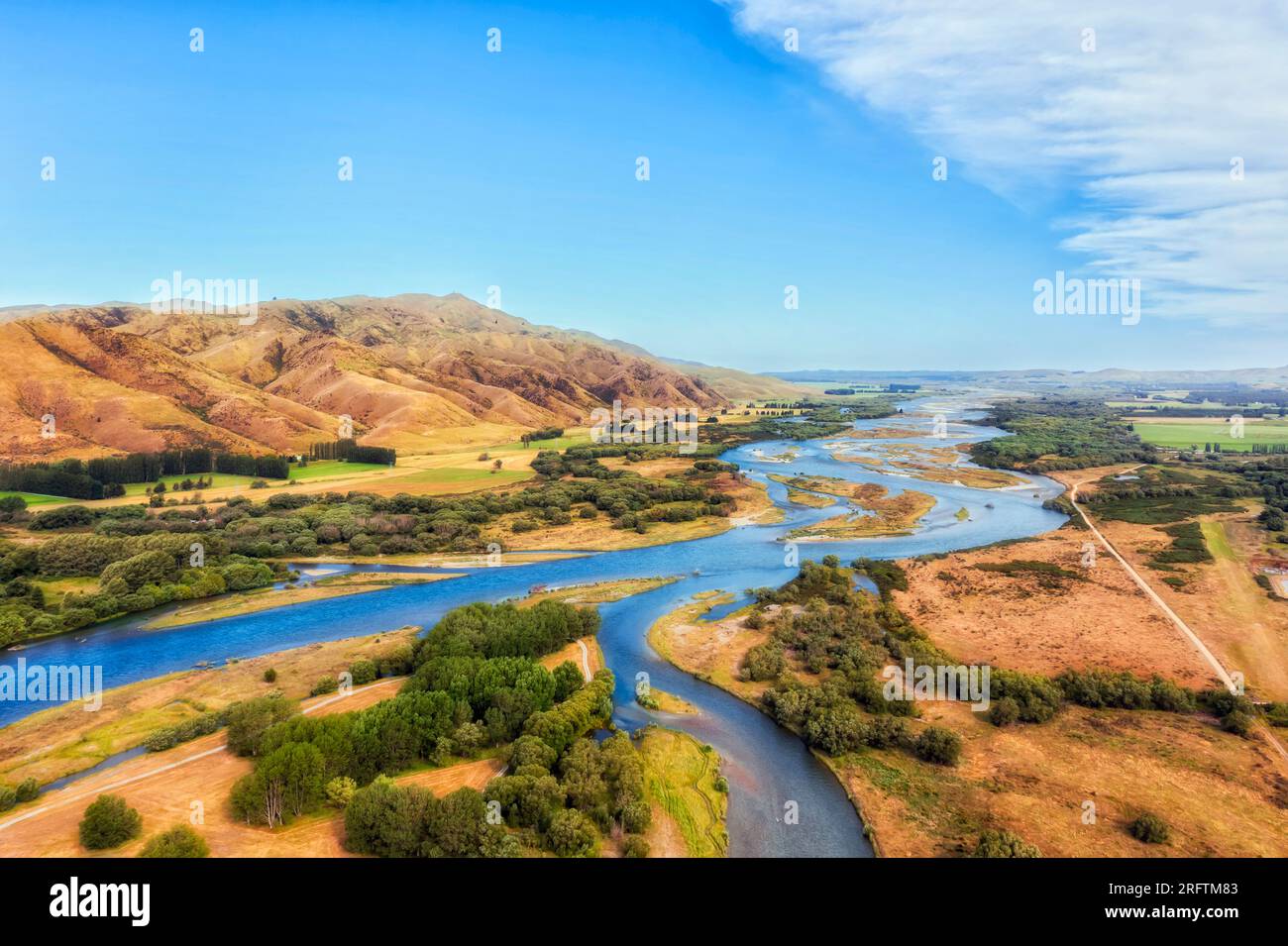 Waitaki river in scenic valley on the South Island in New Zealand at