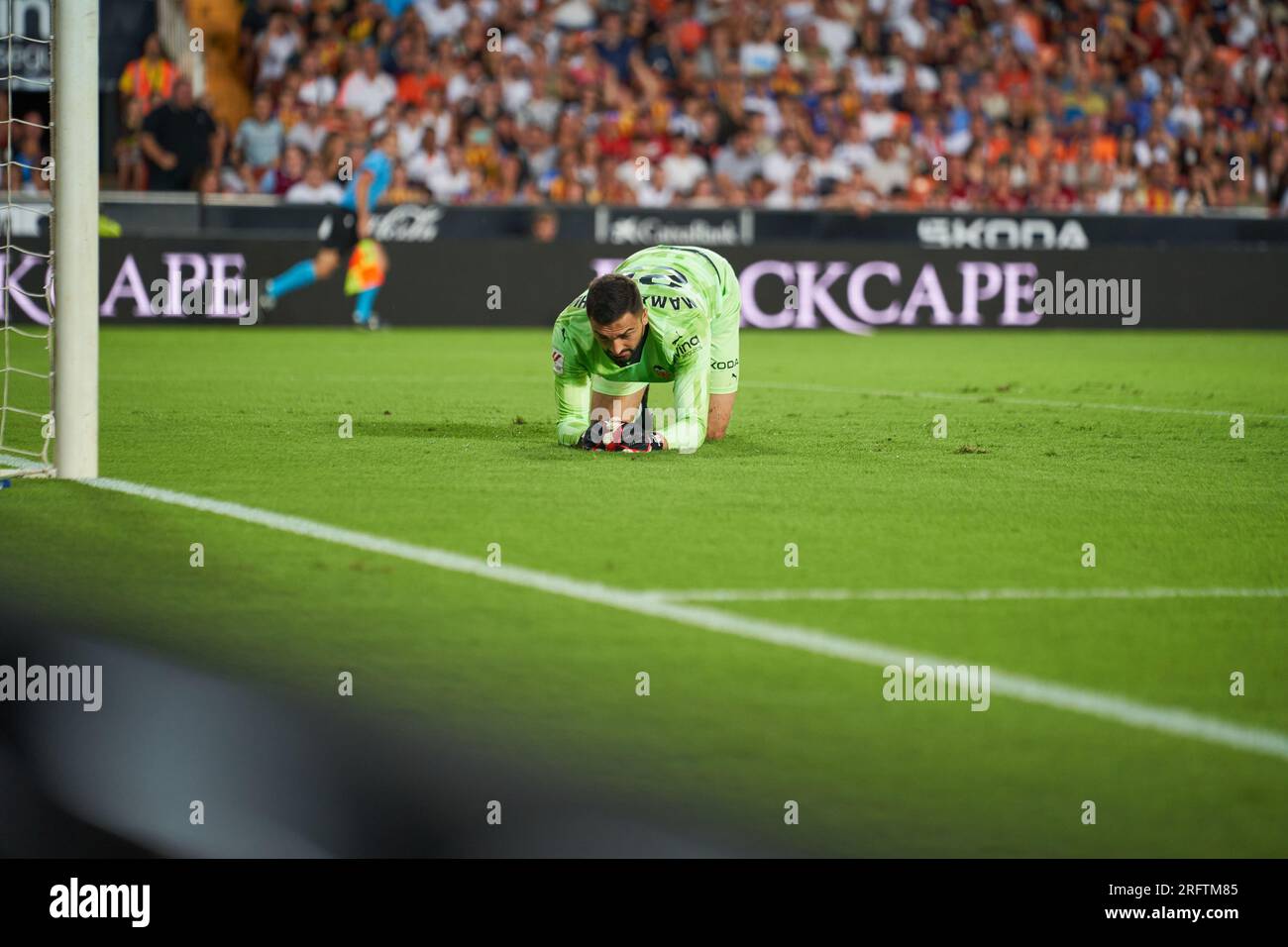 Giorgi Mamardashvili of Valencia CF in action during the La Liga EA Sport Regular PRE Season on august 5, 2023 at Mestalla Stadium  (Valencia ,La Liga Stock Photo