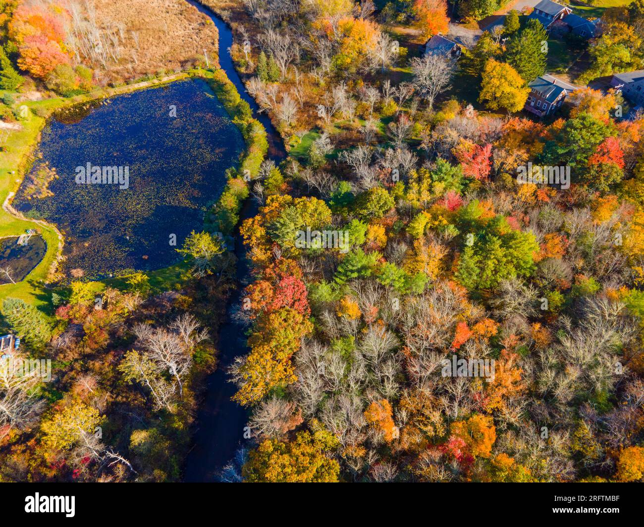 Furnace Brook top view with fall foliage in town of Kingston, Massachusetts MA, USA. Stock Photo