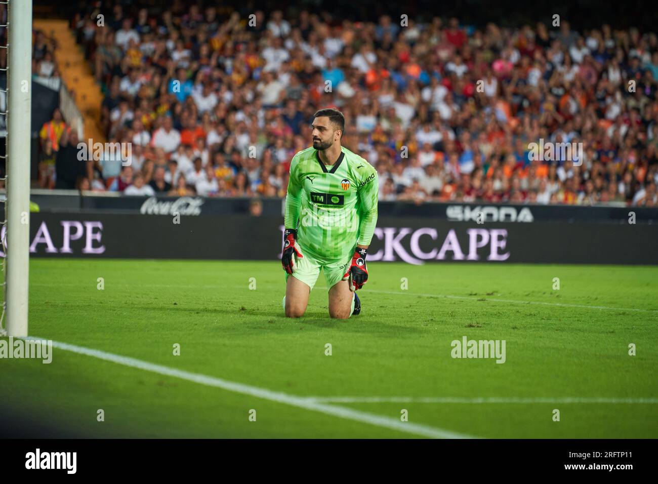 Giorgi Mamardashvili of Valencia CF in action during the La Liga EA Sport Regular PRE Season on august 5, 2023 at Mestalla Stadium  (Valencia ,La Liga Stock Photo