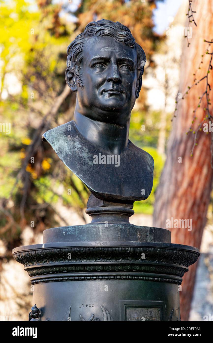 Geneva, Switzerland - MAR 24, 2022: Bronze bust of Augustin Pyramus, a famous Swiss botanist who insipred Darwin's Natural Selection theory. Stock Photo