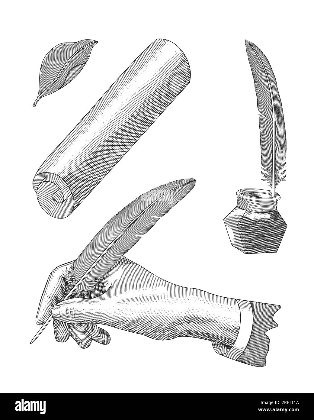 Hand Holds a Feather Quill Pen Drawn in Engraving Style