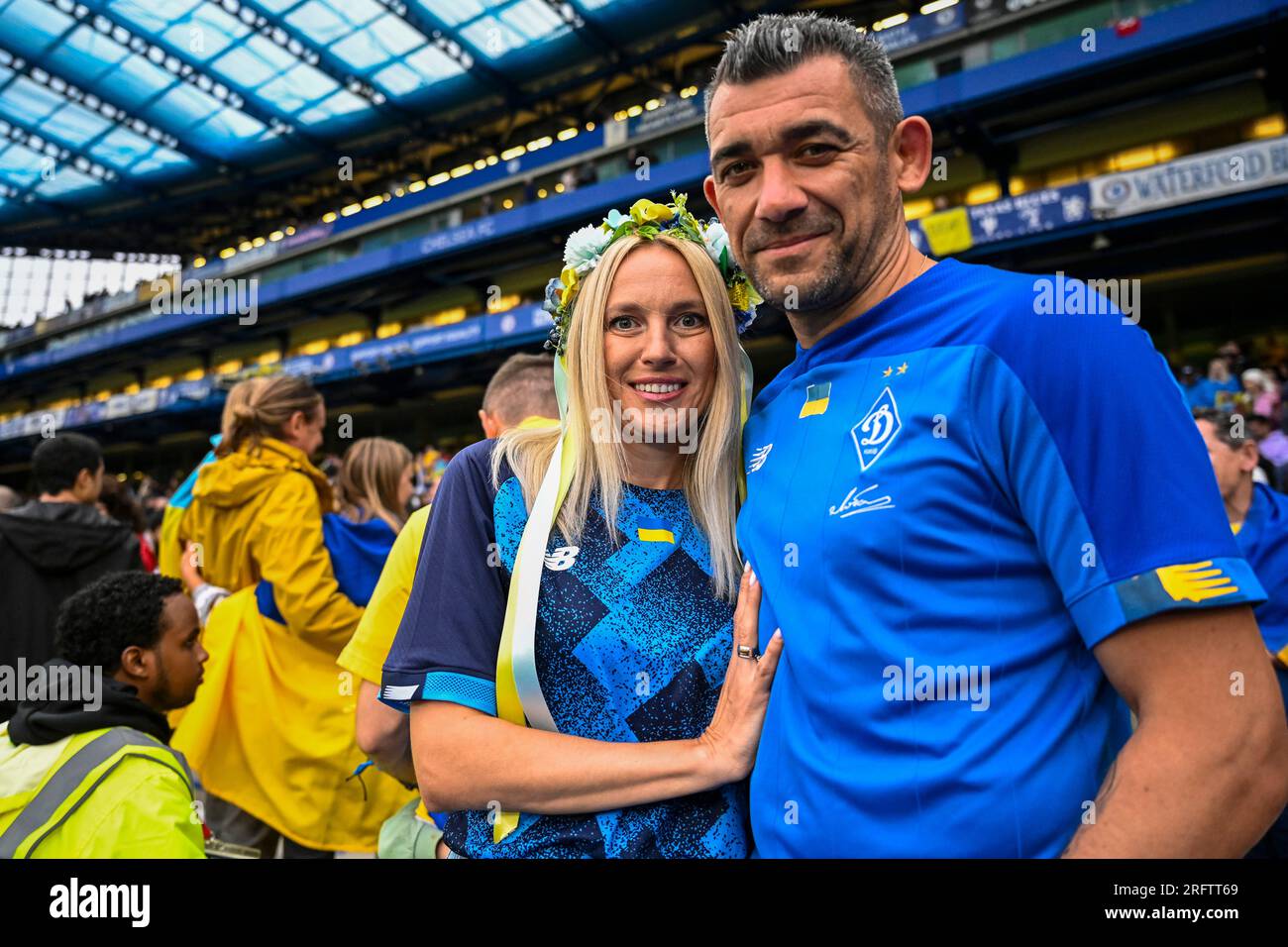 London, UK. 5 August 2023. Ukrainian fans during the Game4Ukraine charity  football match at Stamford Bridge, home of Chelsea FC, between former  Chelsea striker Andriy Shevchenko's Team Shevchenko (blue) and current  Arsenal