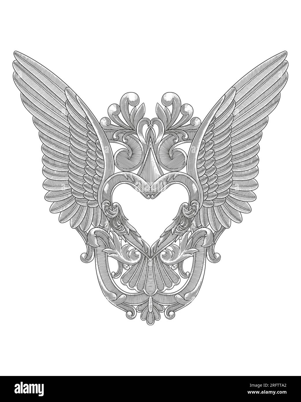 heart with wings and floral ornament, Vintage engraving drawing style ...
