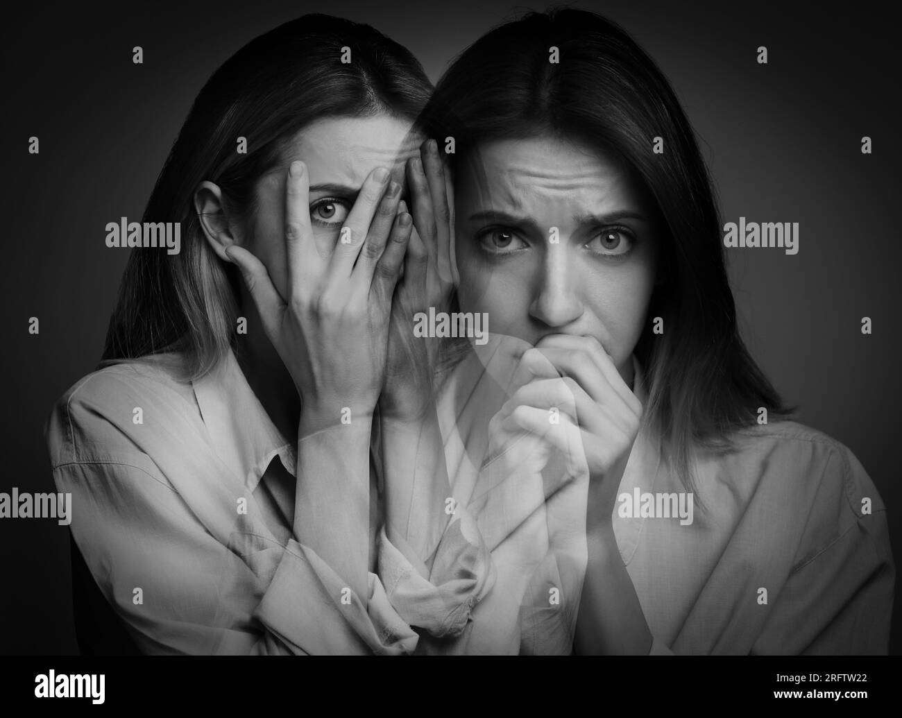 Suffering from hallucinations. Double exposure with photos of woman on dark background, black and white effect Stock Photo
