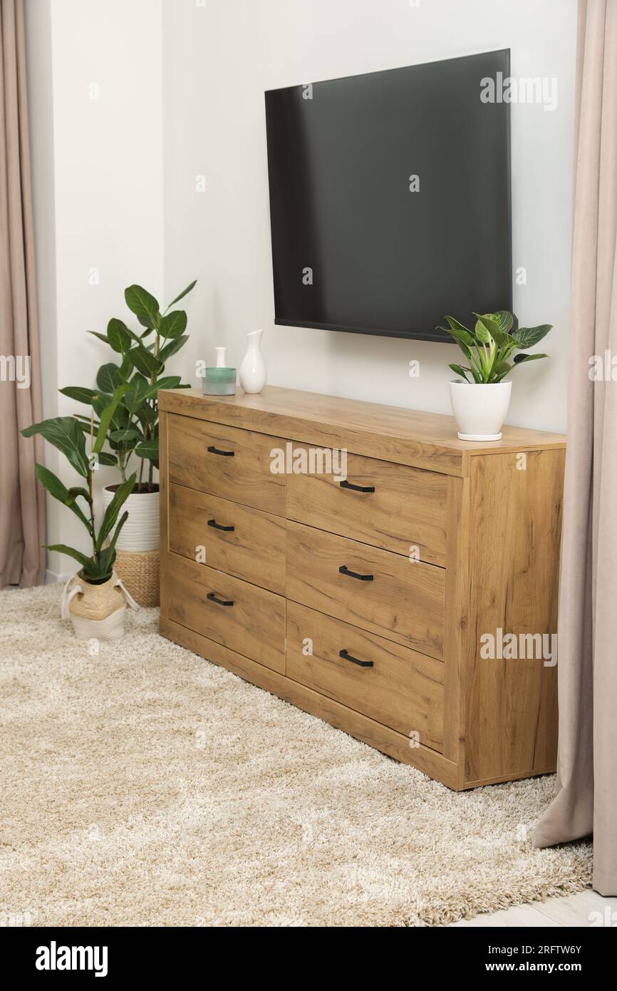 Cozy room interior with chest of drawers, TV set and decor elements Stock Photo Alamy
