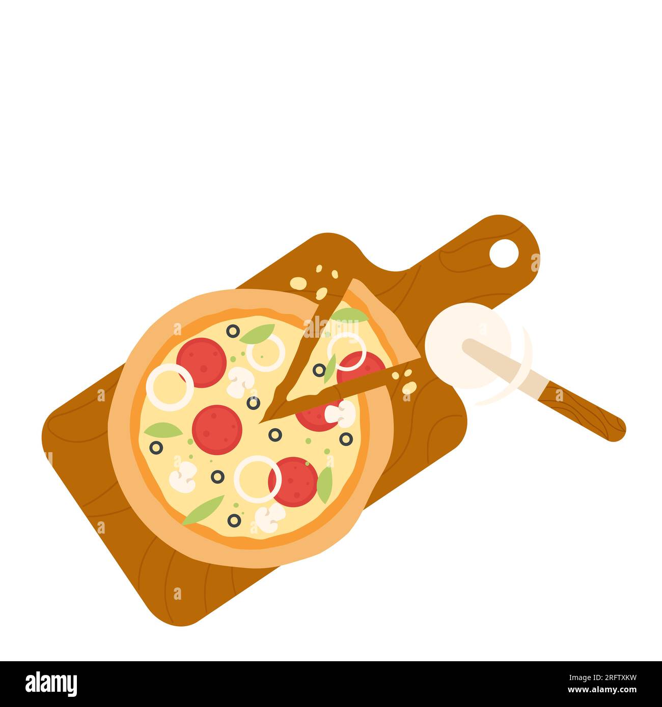 Sliced pizza on board. Homemade pizza, cheese melting pizza vector illustration Stock Vector