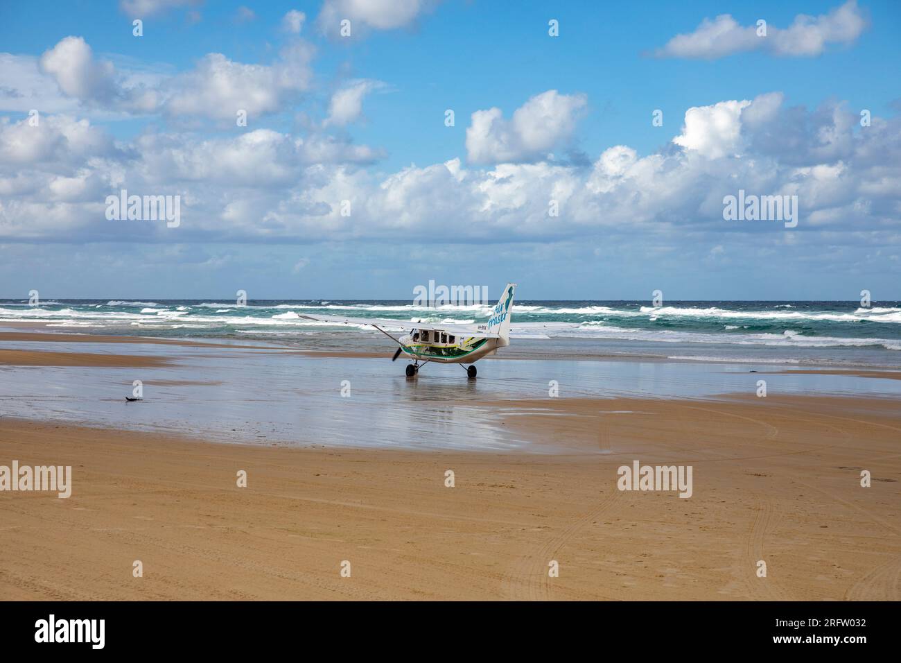 Fraser Island and 75 mile beach, K'gari light aircraft plane prepares to take off for tourist flight,Queensland, Australia Stock Photo