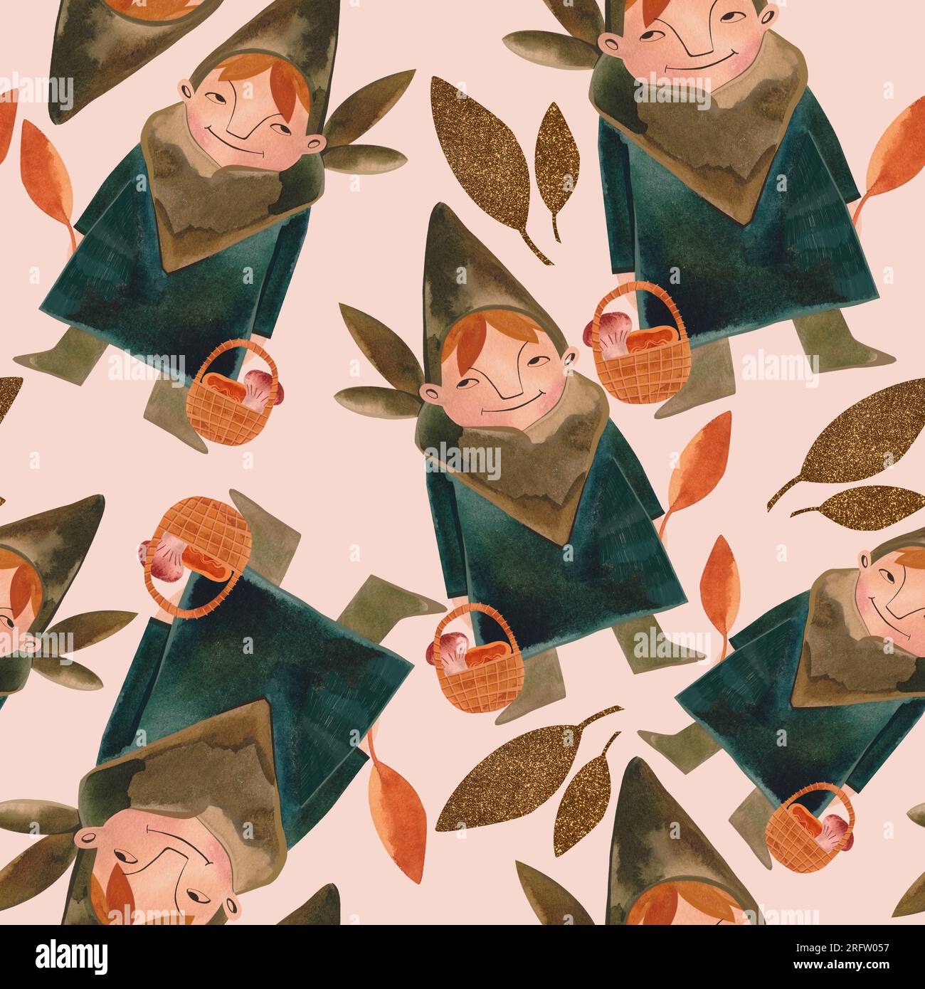 Watercolor seamless patern with autumn gnomes . Seasonal wrapping paper ...
