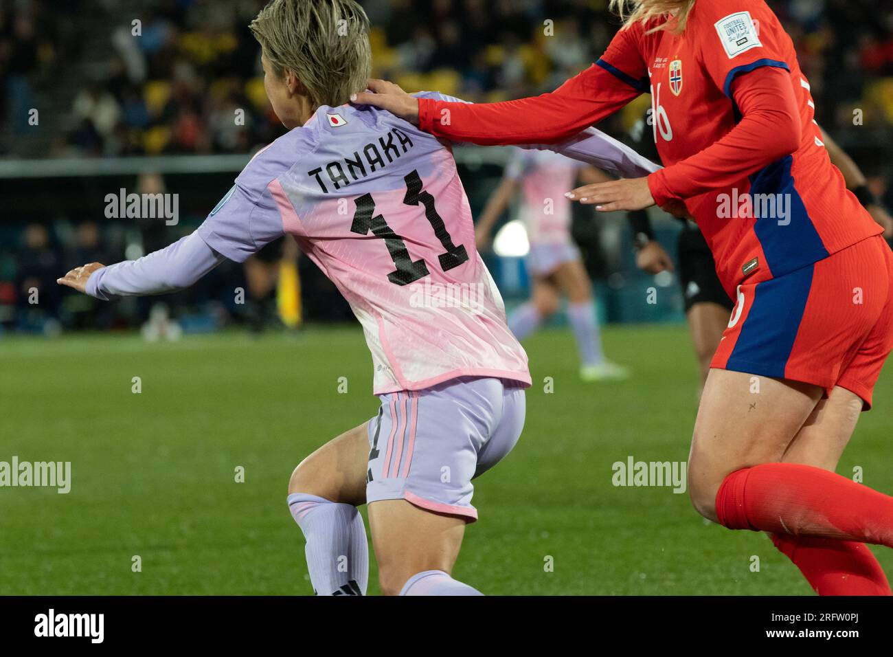 Wellington, New Zealand. 5th Aug, 2023. Mina Tanaka (11, Japan) moves with pass has her collar grabbed. Japan vs Norway. FIFA Women's World Cup Australia and New Zealand. Round of 16. Wellington. New Zealand. (Joe Serci/SPP) Credit: SPP Sport Press Photo. /Alamy Live News Stock Photo