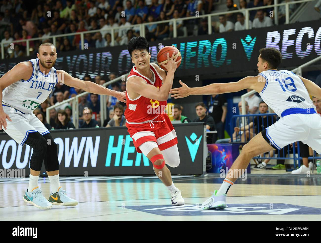 Trento, Italy. 5th Aug, 2023. Zhao Rui (C) of China competes during the Trentino Cup basketball match between Italy and China, in Trento, Italy, Aug