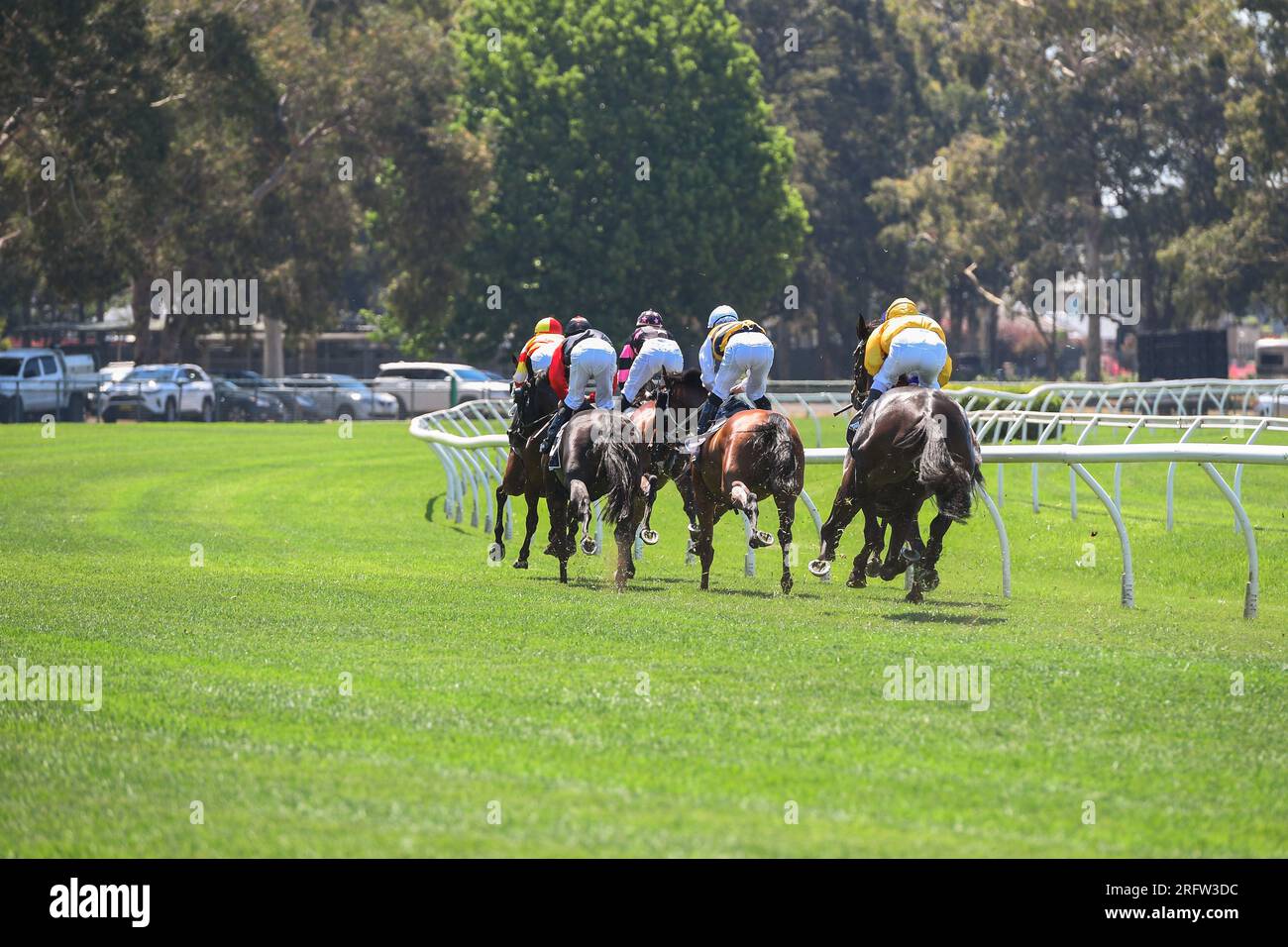 Horse racing in Australia. Horses with jockeys running towards finish line. Stock Photo