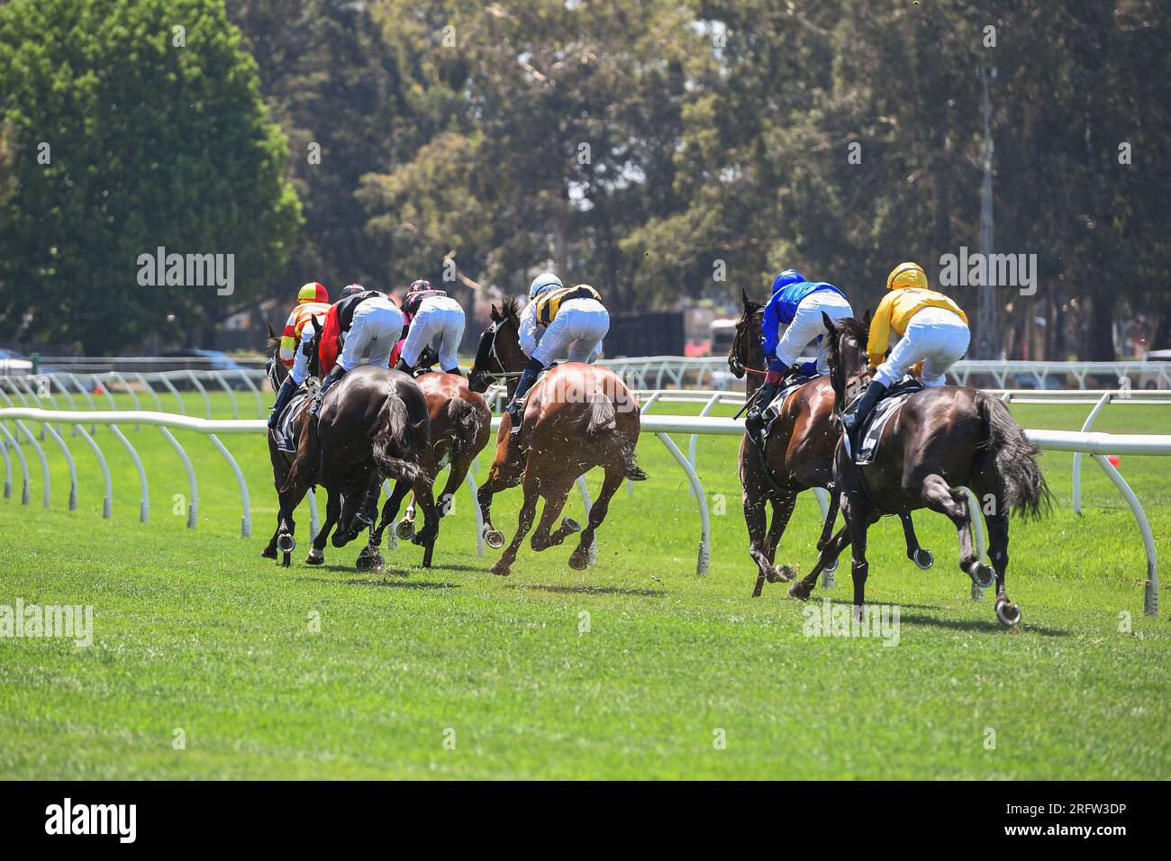 Horse racing in Australia. Horses with jockeys running towards finish line. Stock Photo