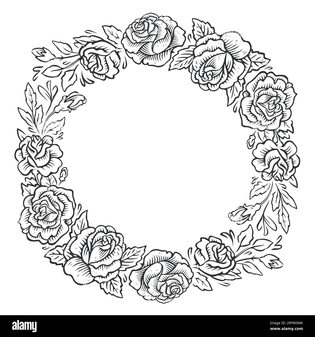 Vector design of roses flowers round invitation frame. Wedding card. Sketch vintage illustration engraving style Stock Vector