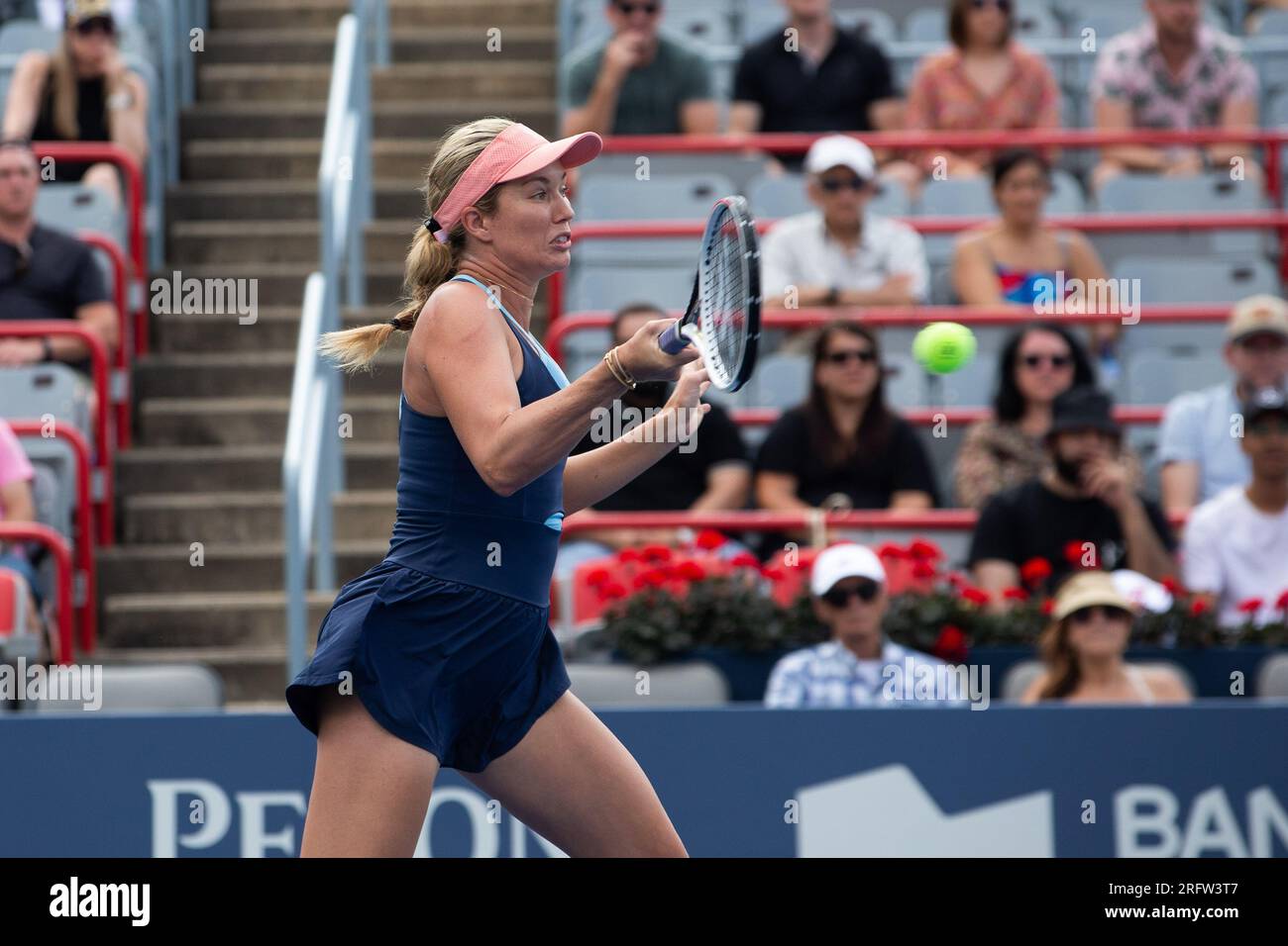 August 05, 2023 Danielle Collins of USA smashes a forehand shot during the WTA National Bank Open qualifying round match at IGA Stadium in Montreal, Quebec