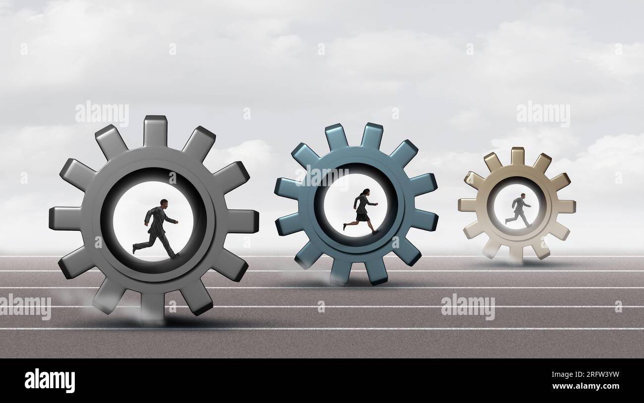 Business Competition as a corparate workers race as businesspeople racing as an Economic sprint with gears and cog wheels with 3D illustration Stock Photo