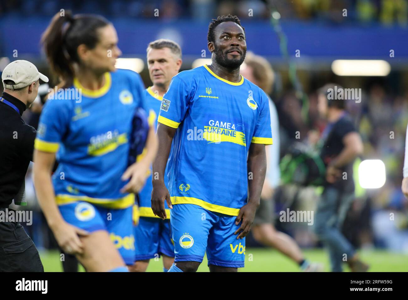 London, UK. 5th Aug, 2023. Michael Essien looks at the crowd during the Game4Ukraine charity match at Stamford Bridge in London, England (Alexander Canillas/SPP) Credit: SPP Sport Press Photo. /Alamy Live News Stock Photo