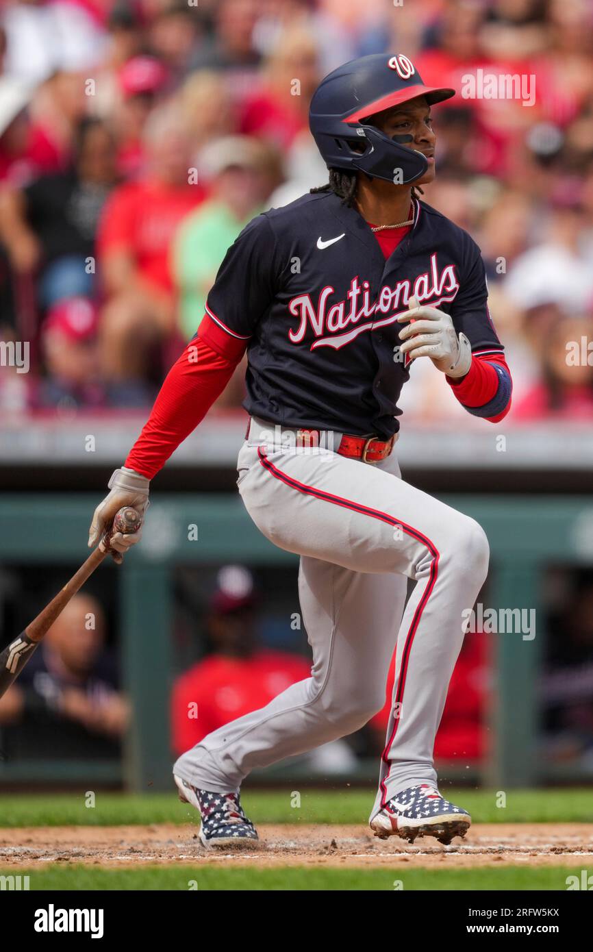 Washington Nationals shortstop CJ Abrams (5) bats during a baseball game  against the Tampa Bay Rays at Nationals Park, Wednesday, April 5, 2023, in  Washington. (AP Photo/Alex Brandon Stock Photo - Alamy