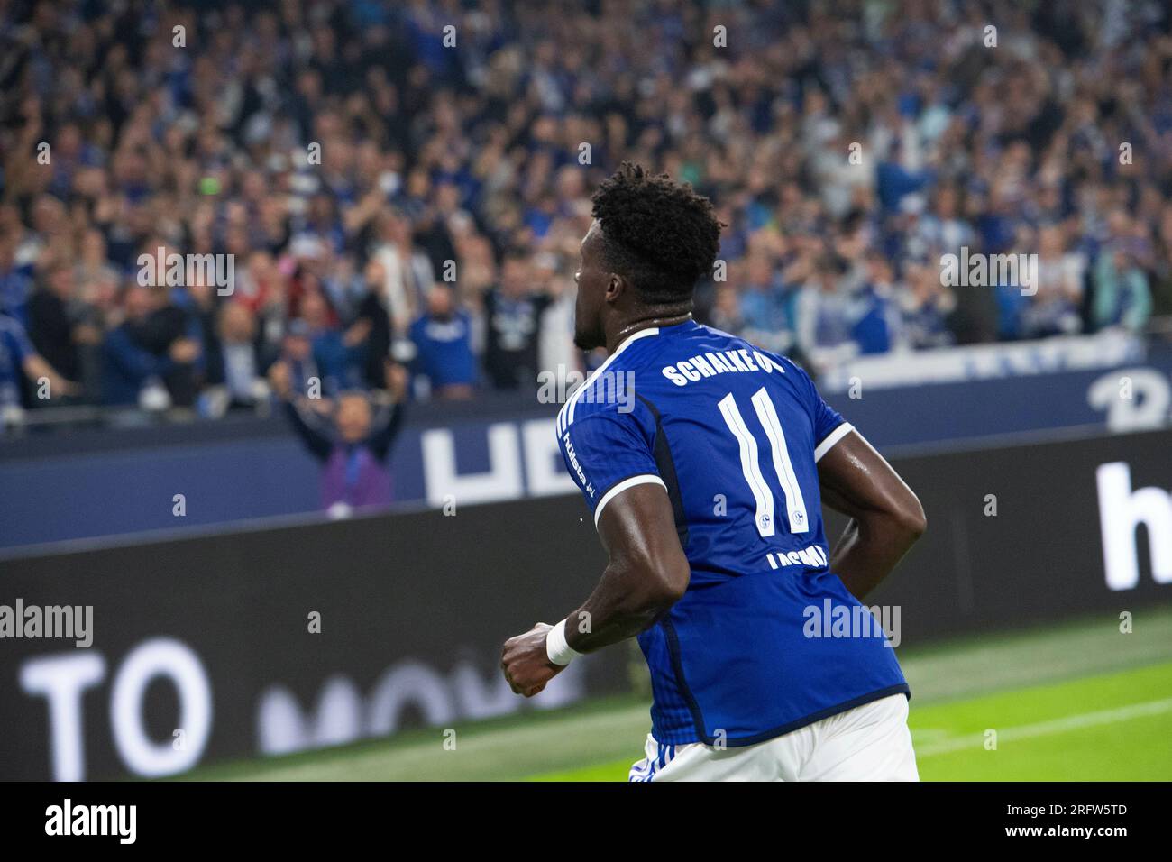 Gelsenkirchen, Deutschland. 05th Aug, 2023. Brian LASME (GE), cheers after  his goal to 3:0, jubilation, cheering, joy, cheers, Soccer 2nd Bundesliga/  FC Schalke 04 (GE) - 1st FC Kaiserslautern (KL) 3: 0,