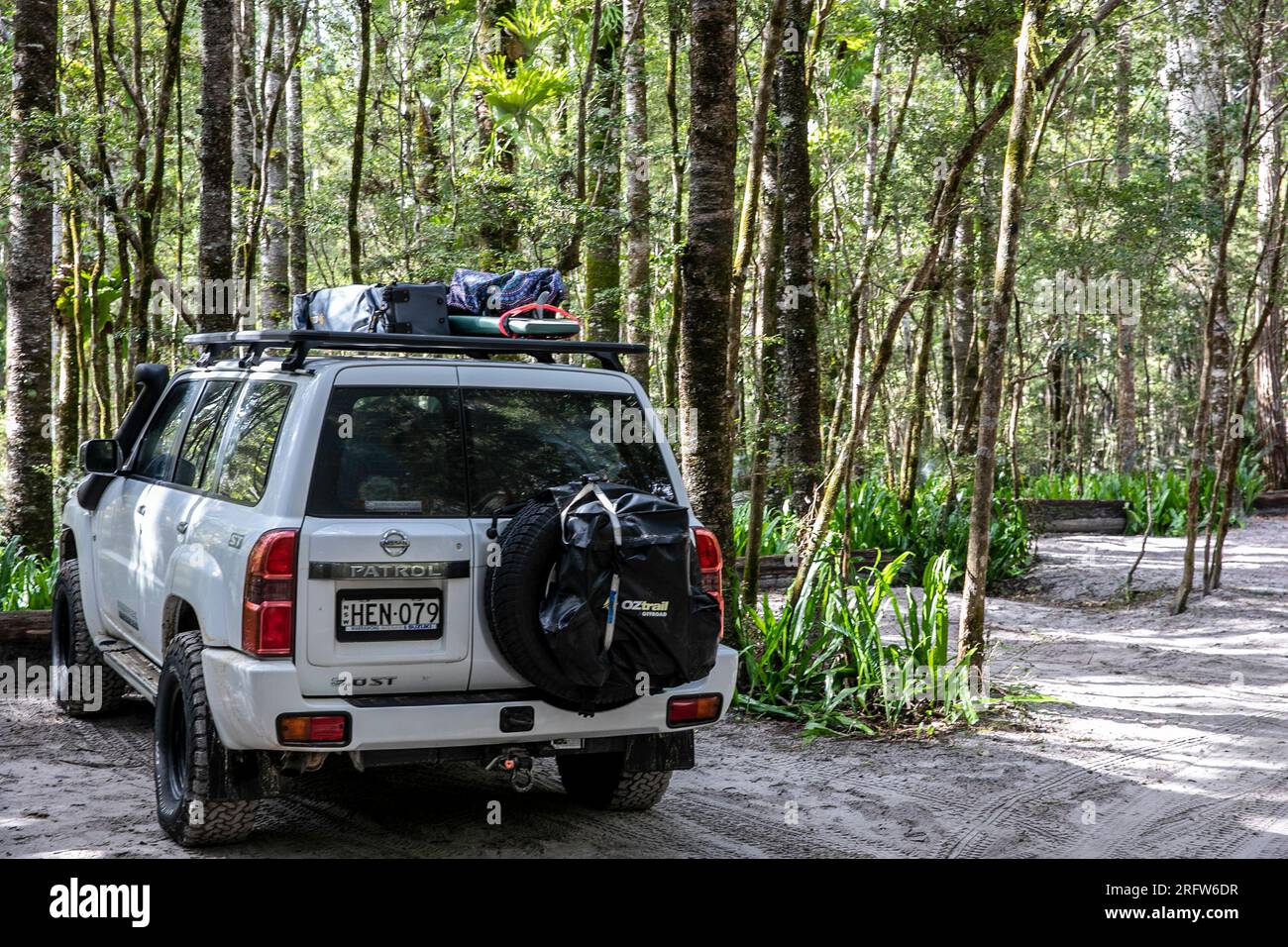 2013 white Nissan Patrol 4x4 vehicle on Fraser K'gari Island, set up for off road driving,Queensland,Australia Stock Photo