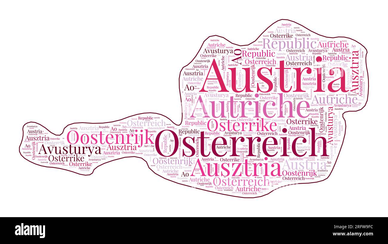 Austria shape filled with country name in many languages. Austria map in wordcloud style