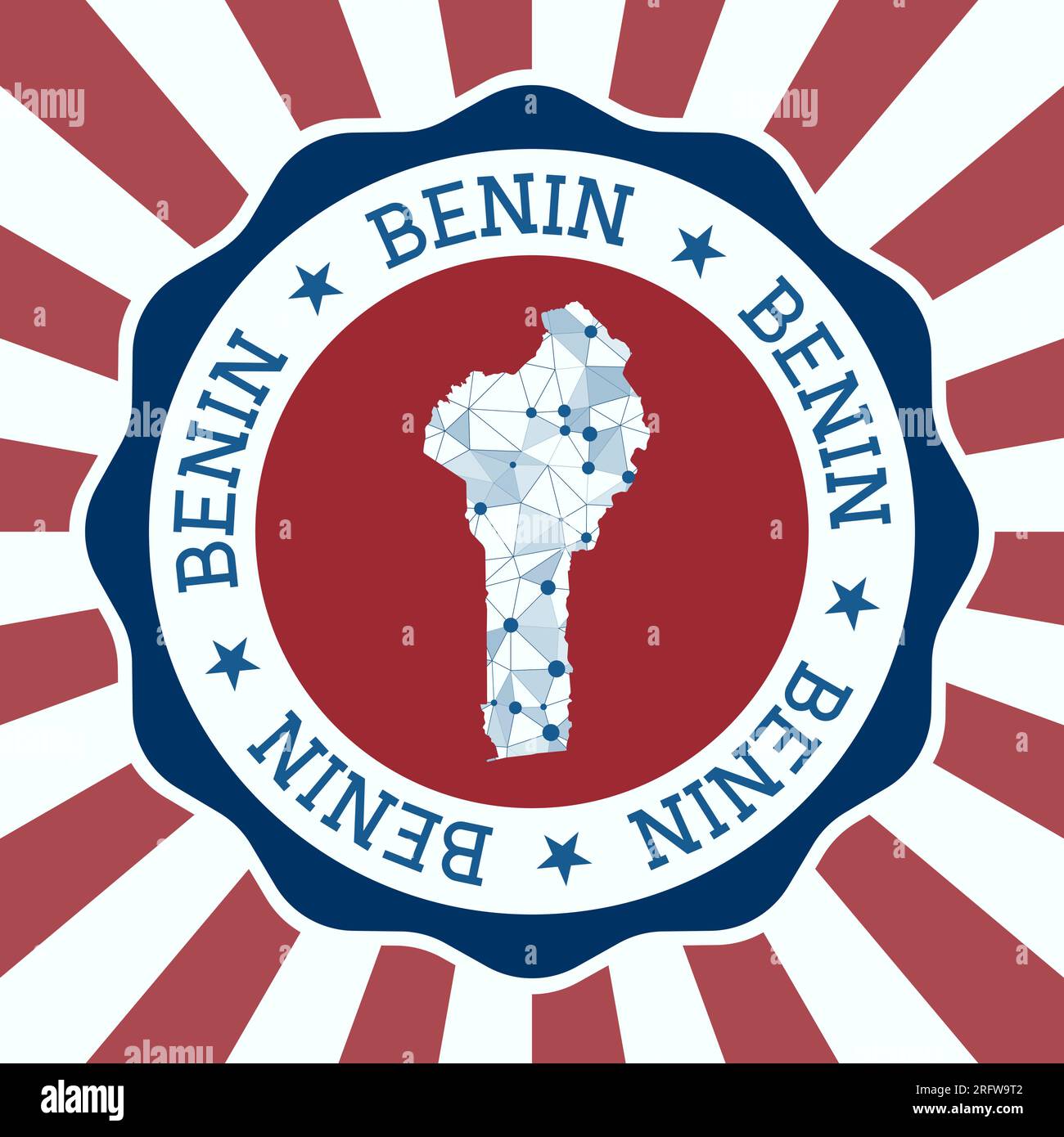 Benin Badge. Round logo of country with triangular mesh map and radial rays. EPS10 Vector. Stock Vector