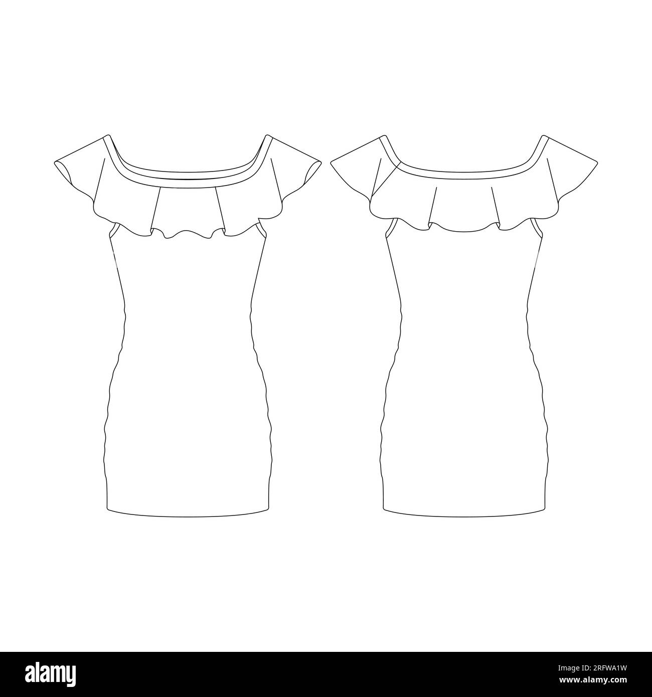 Template short dress off shoulders with ruffles vector illustration flat design outline clothing collection Stock Vector