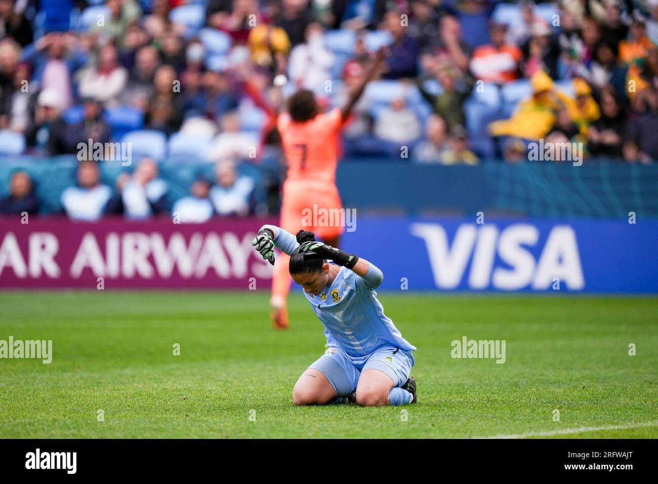 Sydney, Australia. 06th Aug, 2023. Sydney, Australia, August 6th 2023: Goalkeeper Kaylin Swart (1 South Africa) angry after receiving a goal during the FIFA Womens World Cup Round 16 football match between Netherlands v South Africa at Sydney Football Stadium in Sydney, Australia. (Daniela Porcelli/SPP) Credit: SPP Sport Press Photo. /Alamy Live News Stock Photo