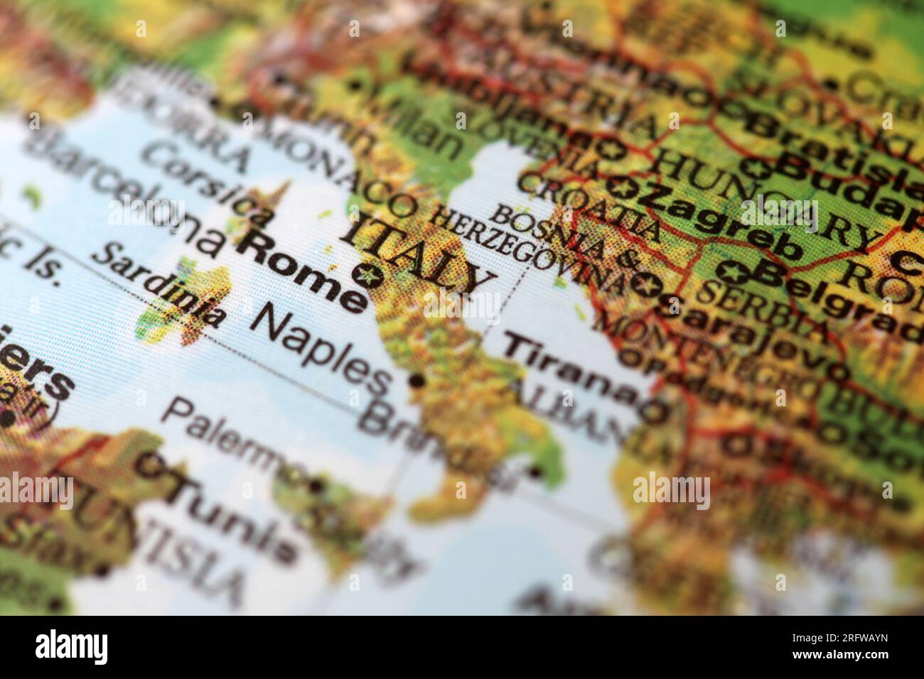 Closeup of Rome Italy on a world globe. Deliberate Shallow depth of field Stock Photo