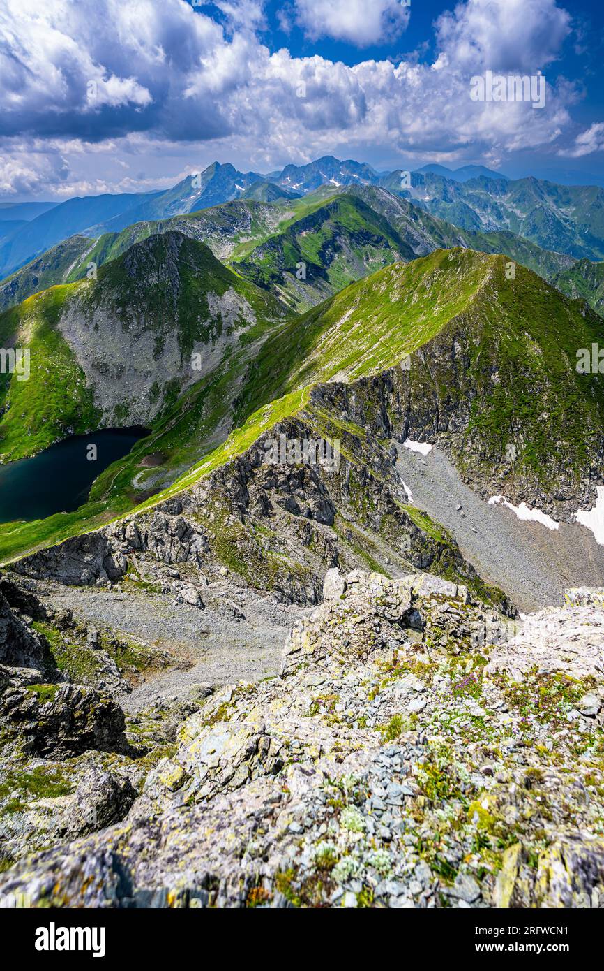 Summer landscape of the Fagaras Mountains, Romania. A view from the hiking trail near the Balea Lake and the Transfagarasan Road. Stock Photo