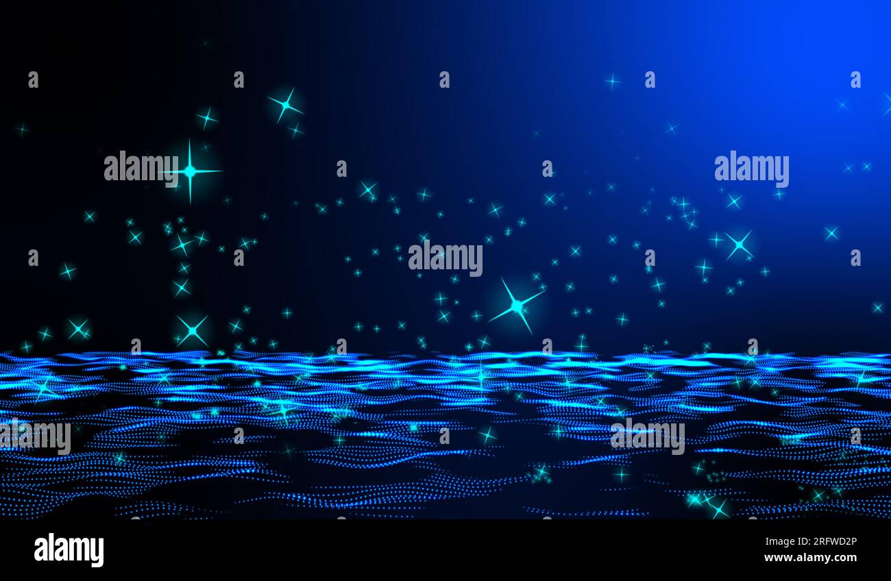 Digital technology abstract 3d blue light particles raining hits water ...