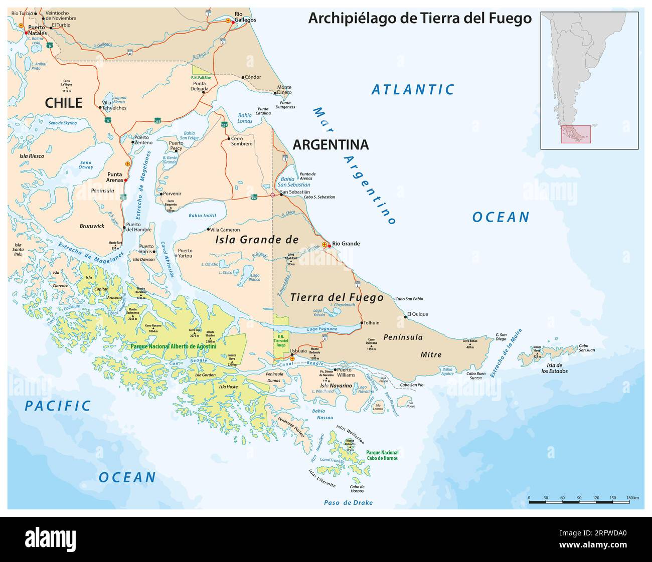 Map of Tierra del Fuego, archipelago at the southern tip of South America Stock Photo