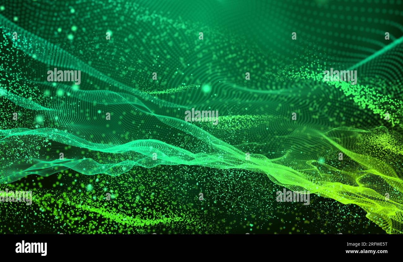 3D abstract digital technology green particles network wave on green ...
