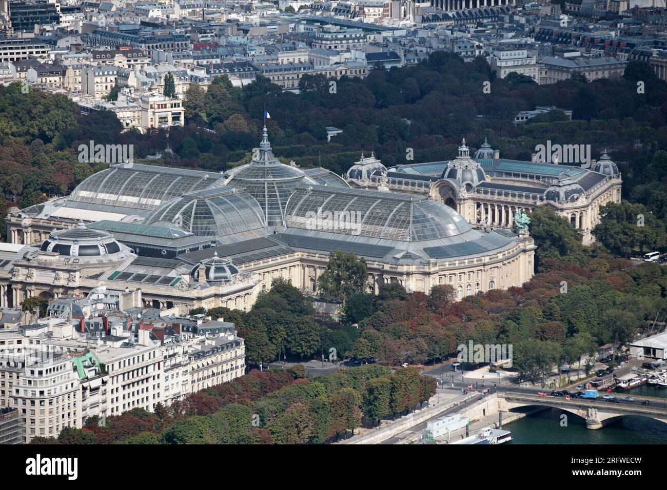 Paris, France - September 01 2016: Aerial view of the Grand Palais and Petit Palais alongside the Seine river near the Pont des Invalides. Stock Photo