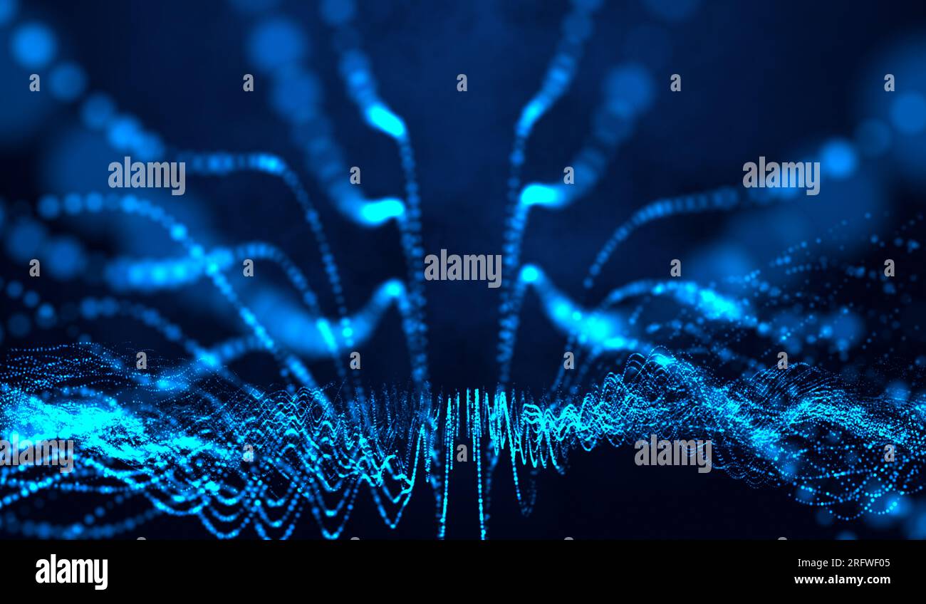 3D abstract digital technology blue light particles network wave on ...
