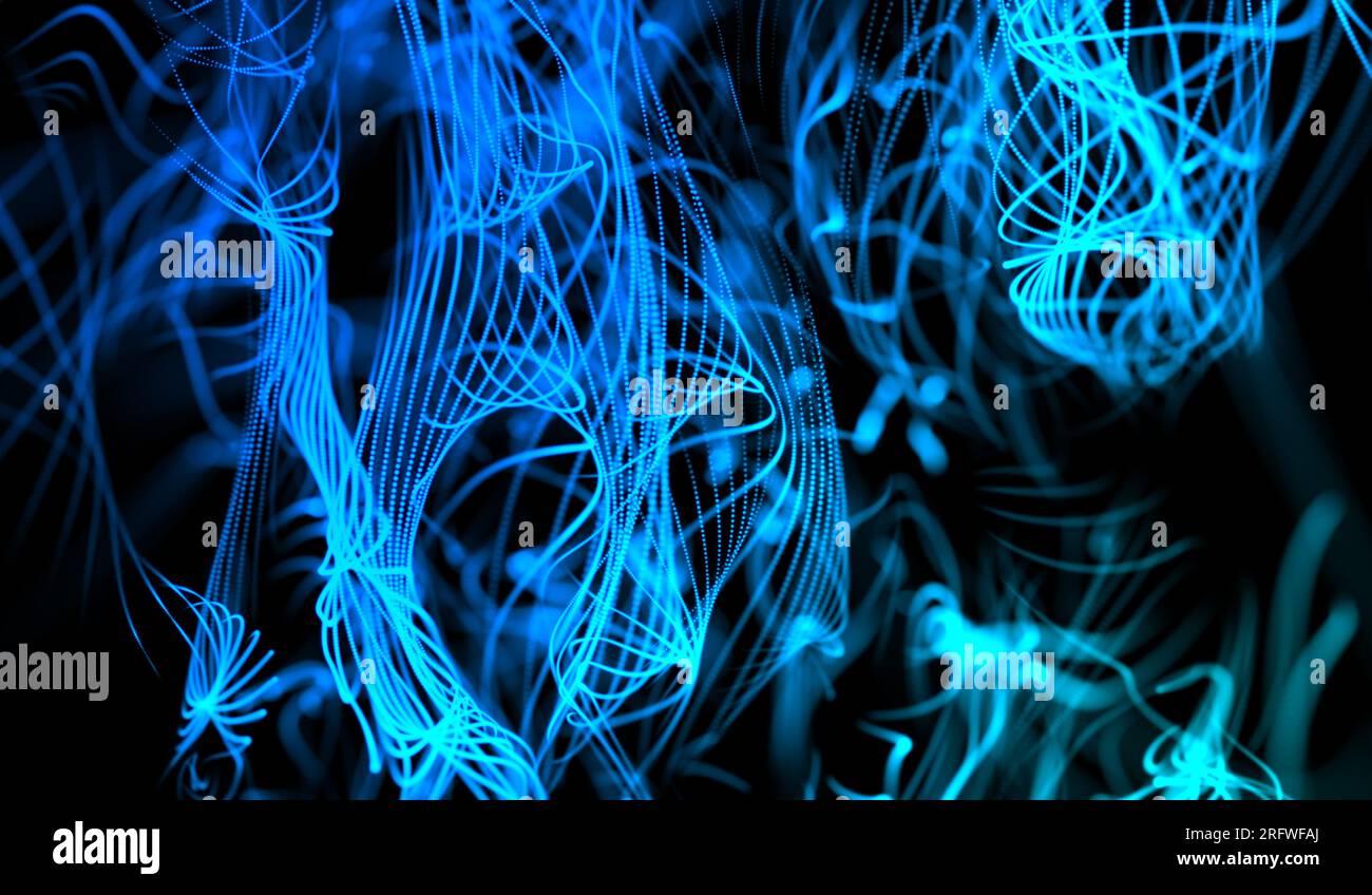 3D abstract digital technology blue light particles network wave on ...