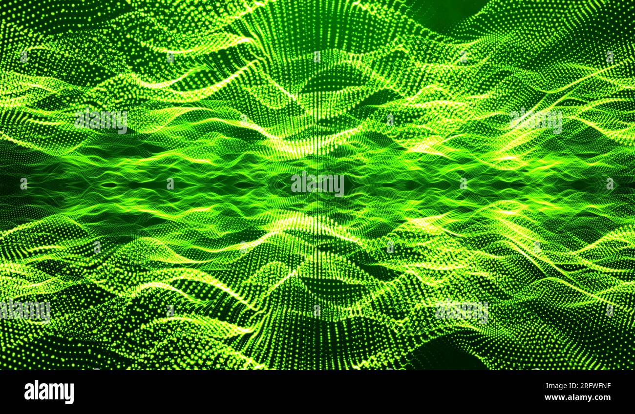 3D abstract digital technology green light particles network on green ...