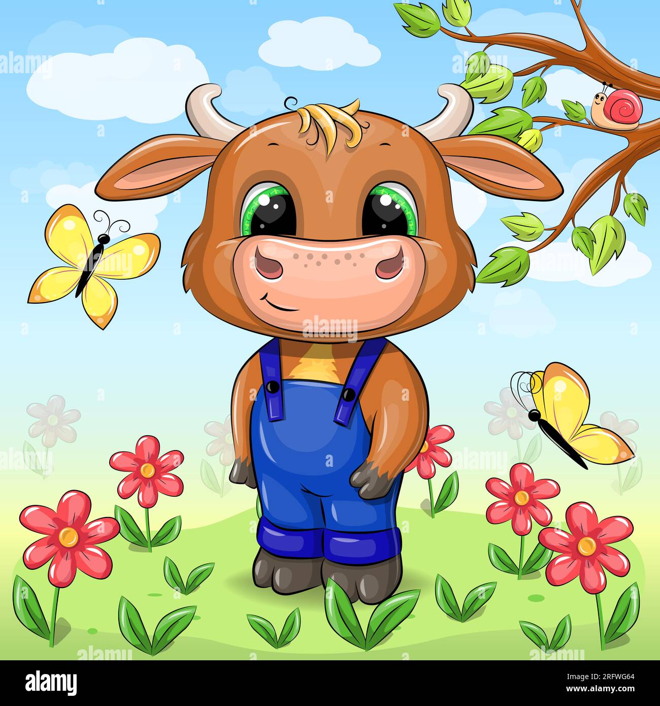 Cute cartoon bull in a jumpsuit in nature. Spring animal vector ...