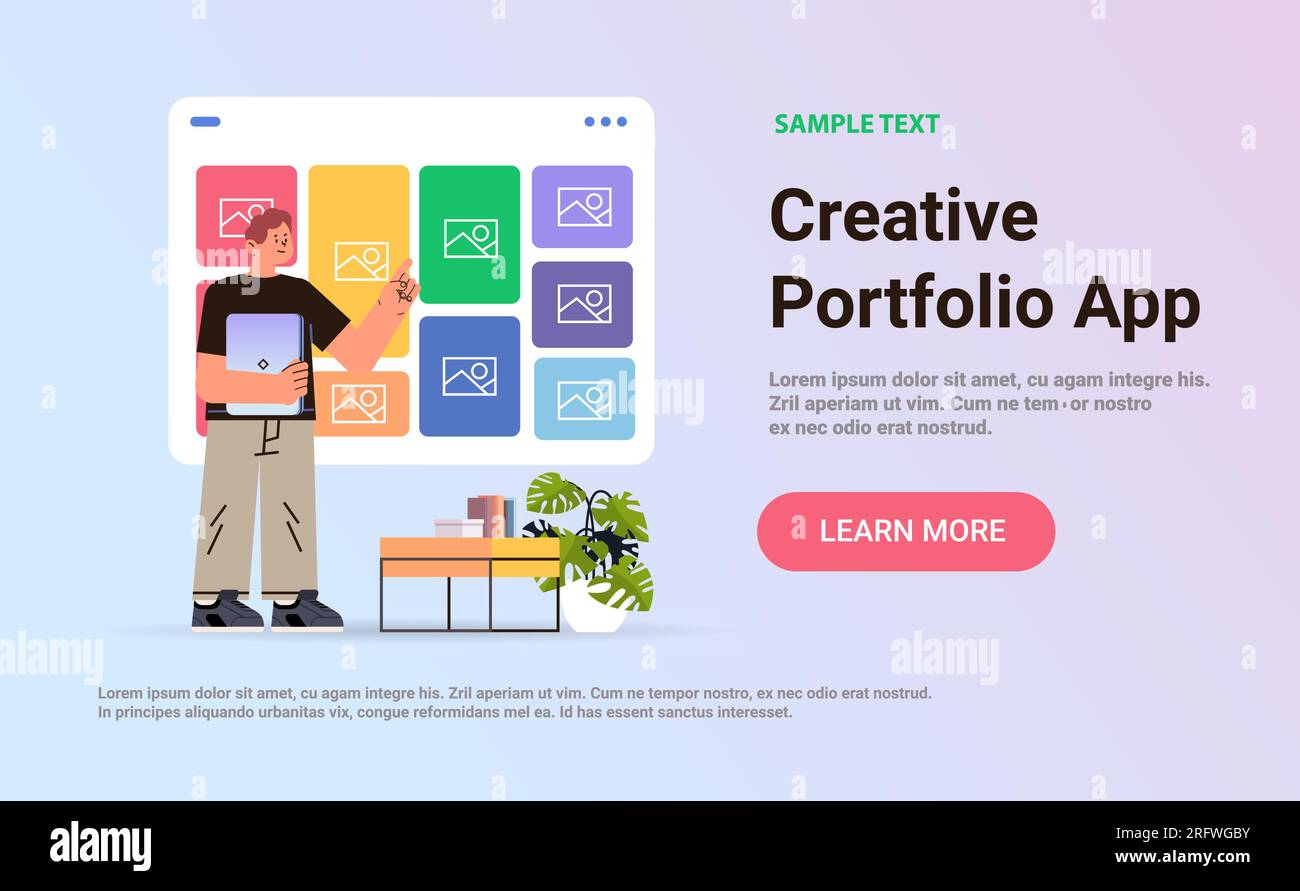 man using creative portfolio app on computer screen visual design projects concept horizontal copy space Stock Vector