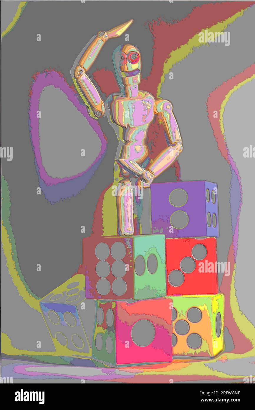 Photograph of a mini wooden mannequin surrounded by foam dice, colored, chromed and contoured. Stock Photo