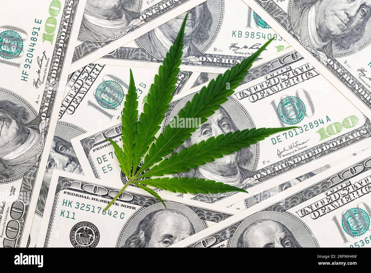 Marijuana leaf and US Dollar banknotes. Marijuana business concept ...