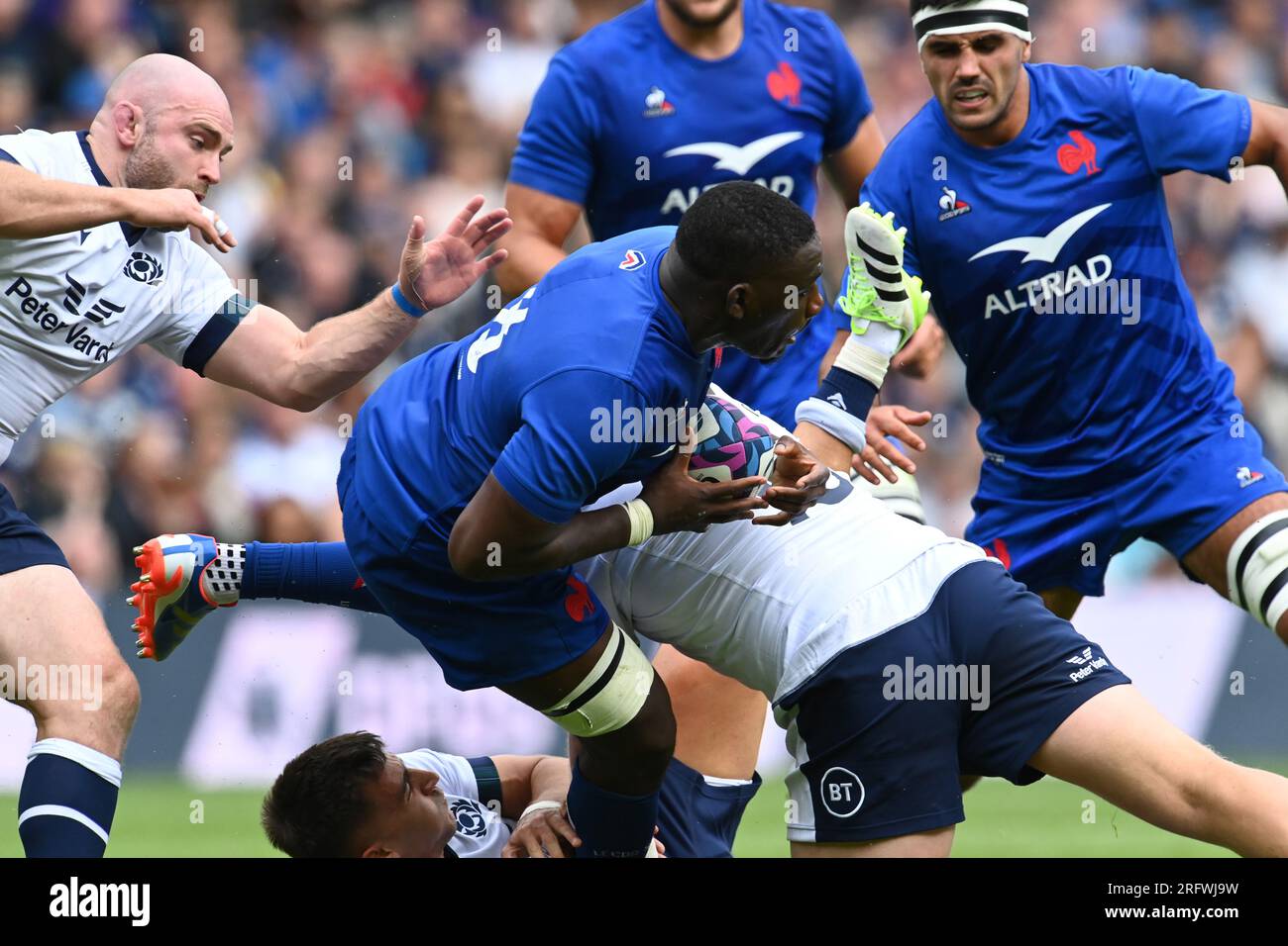 Scottish Gas Murrayfield.Edinburgh.Scotland, UK. 5th Aug, 2023. Scotland v France. The Famous Grouse Nations Series 2023. Scotlands Dave Cherry with Yoan Tanga - France number 8 Credit: eric mccowat/Alamy Live News Stock Photo