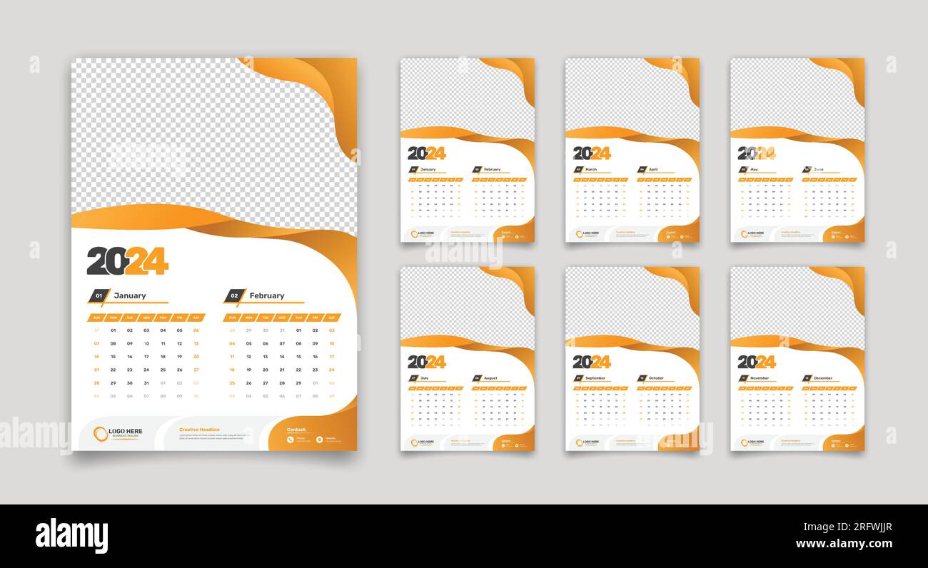 Modern creative designed 12 pages wall calendar template for 2024 with