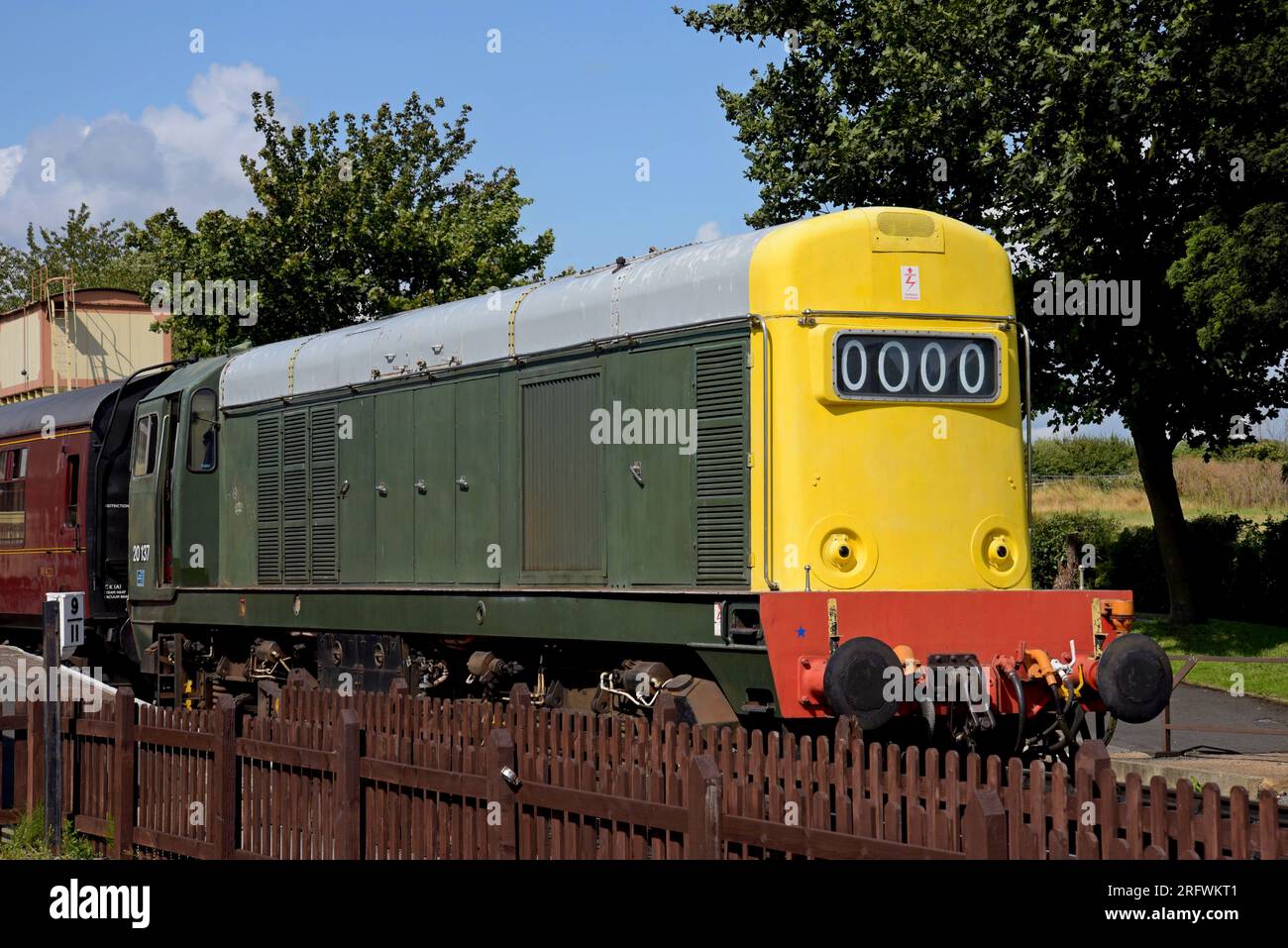 Ex BR Class 20 diesel loco 20137 with a heritage railway train at Toddington railway station, Gloucestershire on Glos Warwickshire railway, July 2023 Stock Photo